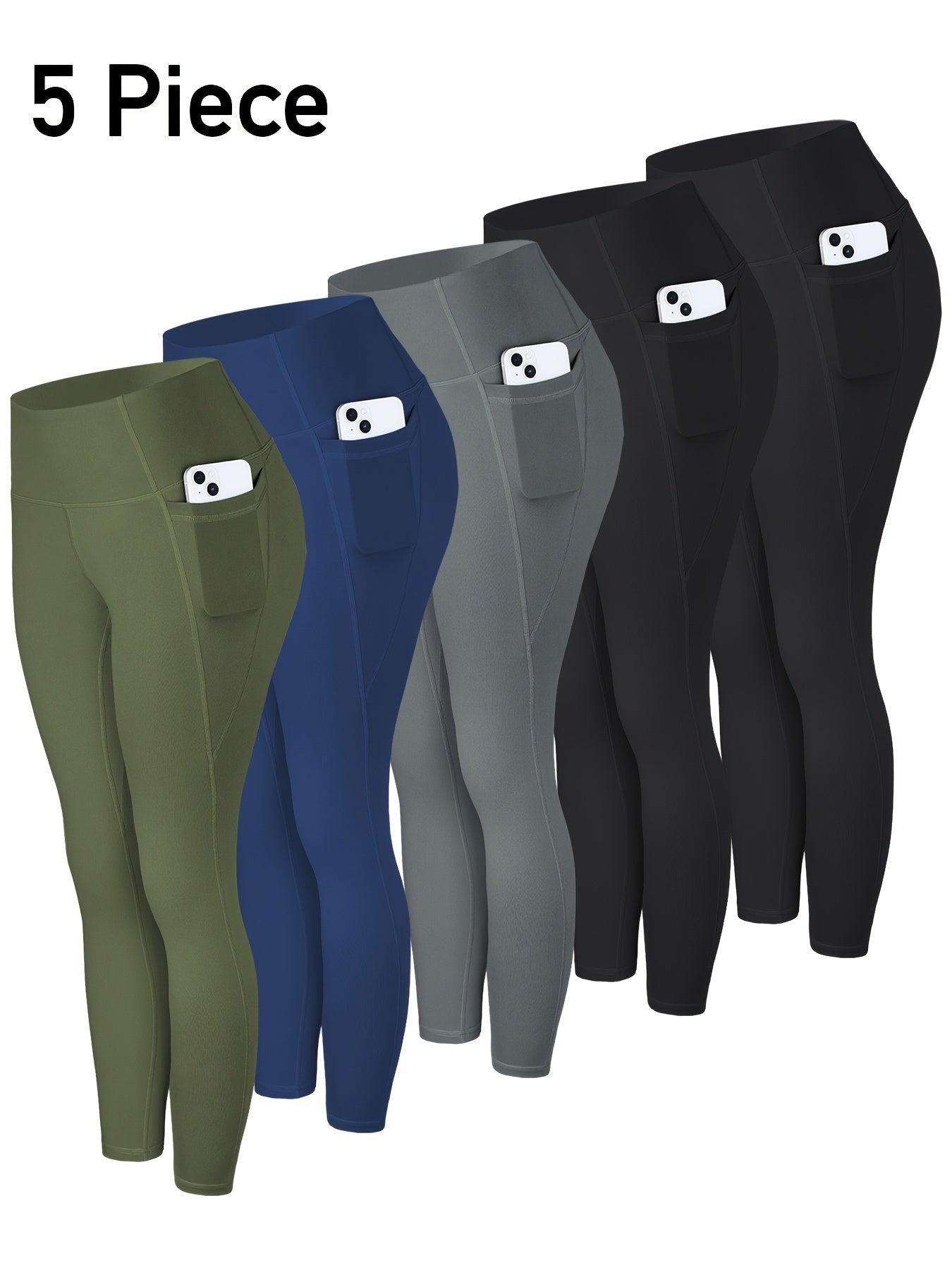 5pcs piezas leggins para mujer, con bolsillos laterales para yoga y deportes.
set multicolor negro, azul y verde oliva.