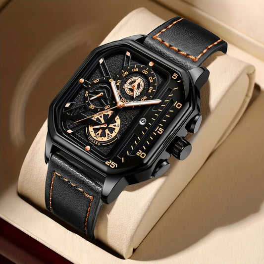 Reloj deportivo vintage de cuarzo para hombre con esfera grande, calendario, detalles en oro rosa y correa de piel sintética negra. Reloj de pulsera informal de negocios, regalo ideal para él, reloj de lujo para el día a d