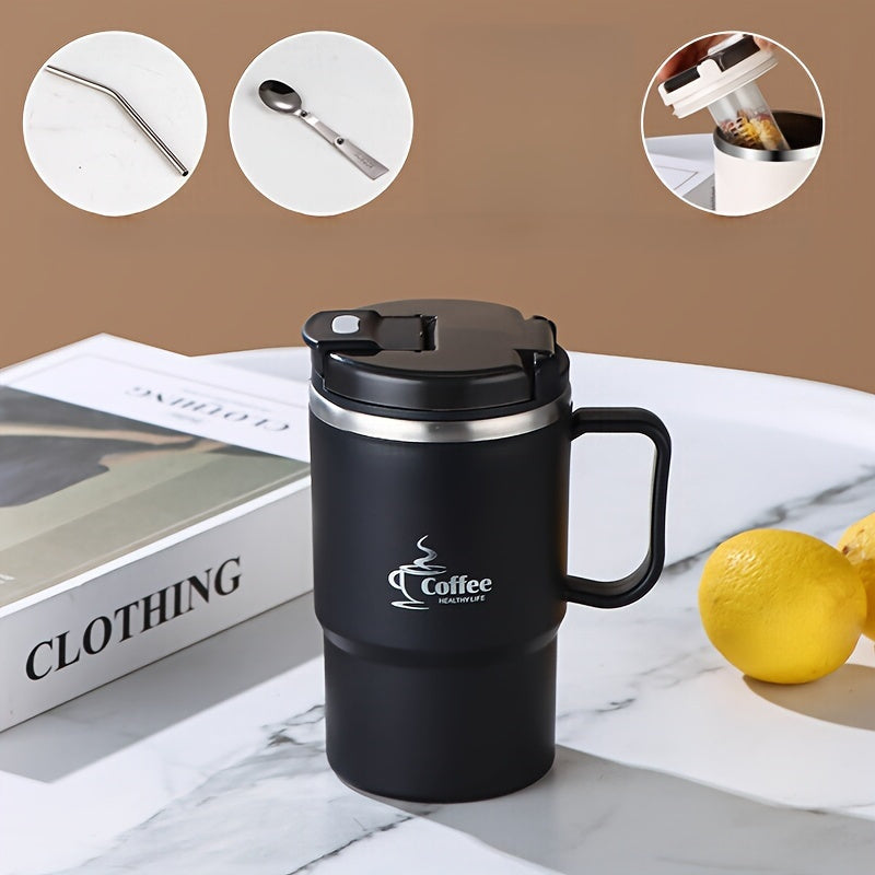 Taza grande de acero inoxidable de 550 ml/19,3 oz con tapa y cuchara, reutilizable, sin aislamiento, ideal para oficina, estudiantes, deportes, actividades al aire libre, regalo de Halloween y Navidad.