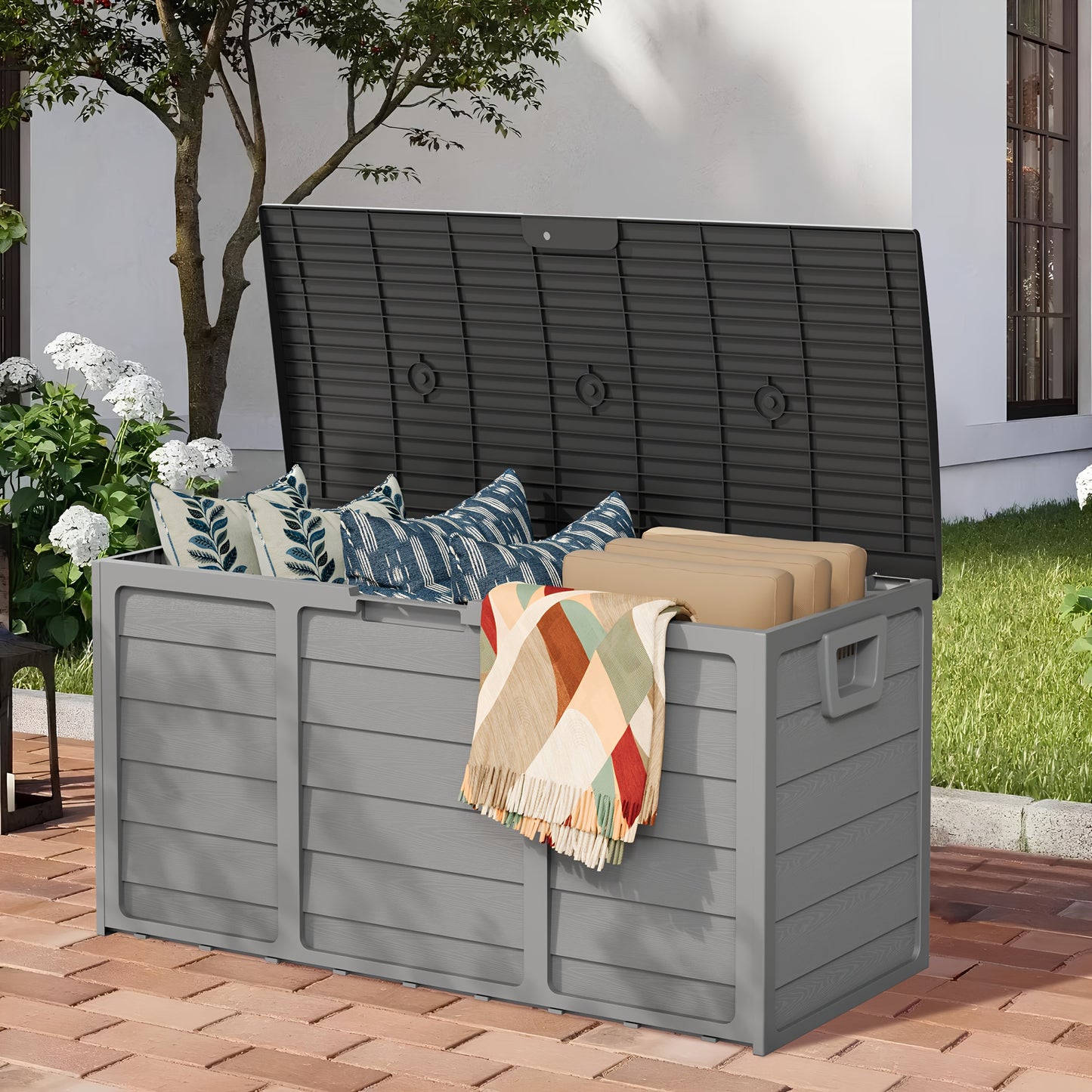 Caja de almacenamiento exterior de resina de 75 galones con asas. Ideal para accesorios de piscina, herramientas de jardín, equipo de camping, regalo navideño. Fácil de montar. Ideal como caja, armario o estante para almac