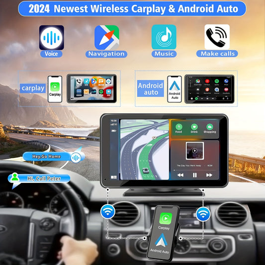 Pantalla inalámbrica para coche de 7 pulgadas (2025), con audio, pantalla táctil de ultraalta definición, cámara de marcha atrás de 1080p, grabadora de conducción, conexión inalámbrica, navegación GPS, compatible con