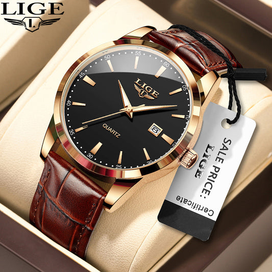 Hermoso reloj de cuarzo para hombre con correa de piel sintética. Ideal para negocio y ocasiones formales.
