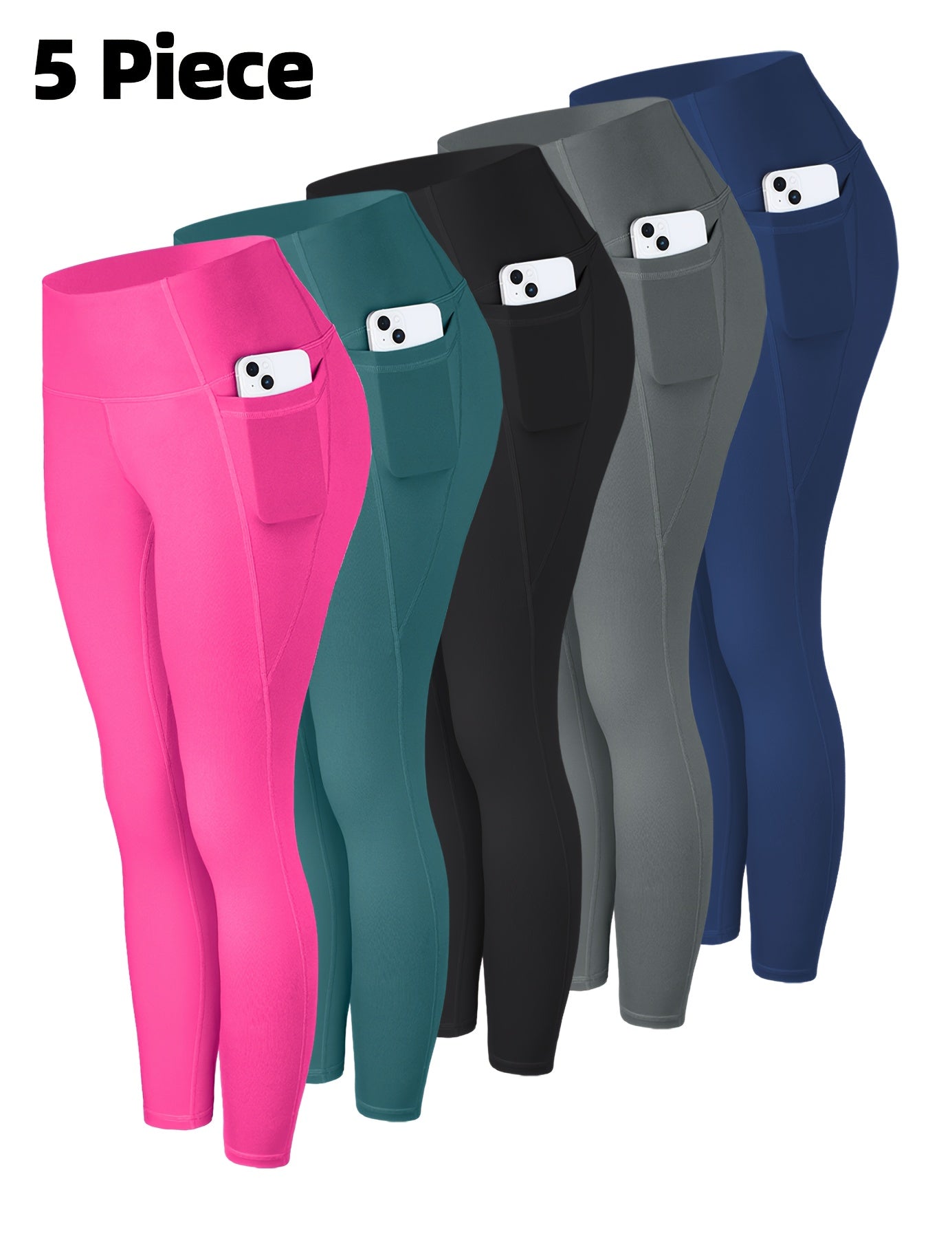 5pcs piezas leggins para mujer, con bolsillos laterales para yoga y deportes.
set multicolor negro, azul y verde oliva.