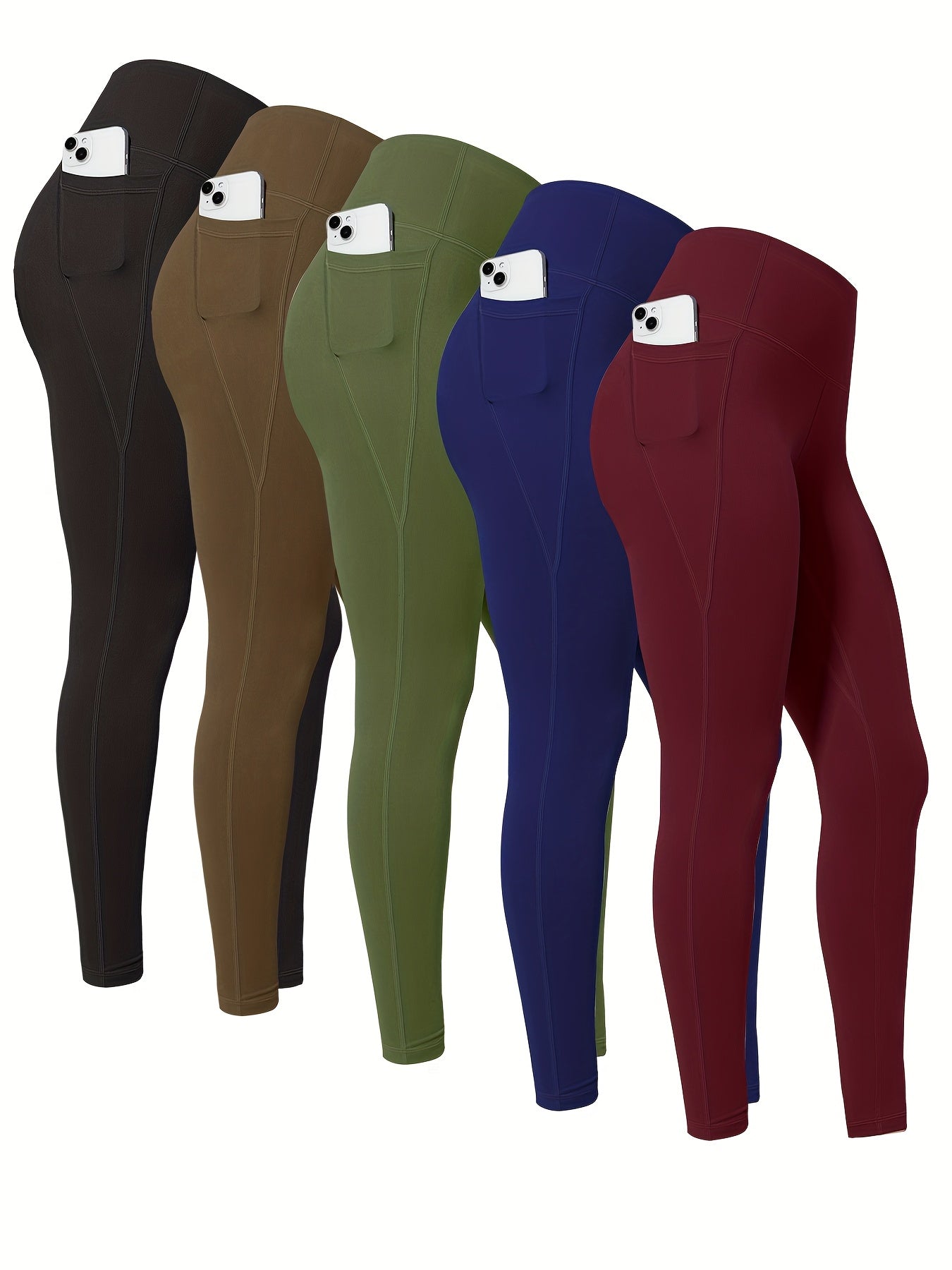 5pcs piezas leggins para mujer, con bolsillos laterales para yoga y deportes.
set multicolor negro, azul y verde oliva.