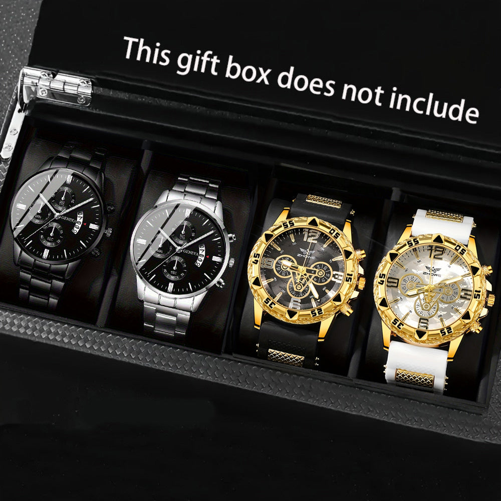 Juego de 4 relojes de moda para hombre, movimiento de cuarzo, correa de acero inoxidable con indicador de fecha | Reloj deportivo | Reloj informal | Reloj de negocios | Movimiento de cuarzo | Reloj de silicona | Reloj para ho