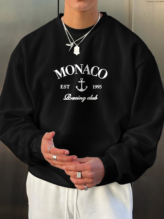 Sudadera con capucha gráfica del Monaco Racing Club para hombre: sudadera informal negra de manga larga con logotipo blanco, corte holgado, diseño de 1995, ropa informal cómoda, ropa del Racing Club | Sudadera de cuello re