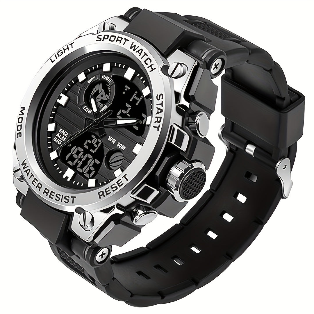 Reloj deportivo LED digital y analógico resistente para hombre (hasta 30 m, cronómetro, pantalla dual, correa de resina negra duradera, caja de aleación de zinc, para aventuras al aire libre).
