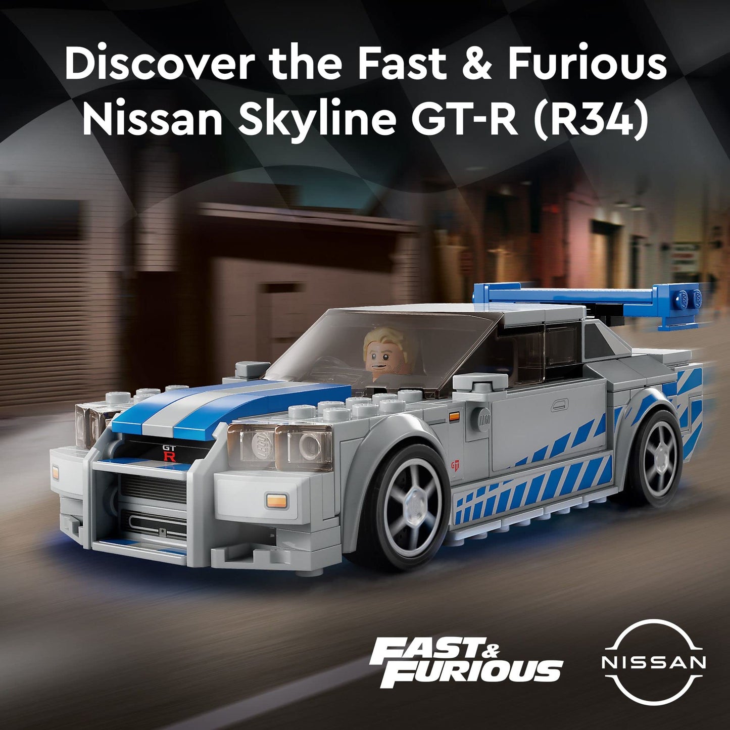 LEGO Speed Champions 2 Fast 2 Furious Nissan Skyline GT-R (R34), Kit de construcción de modelo de coche de carreras, Coleccionable con minifigura de piloto, Set 2023 para niños y niñas de 9 años en adelante 76917