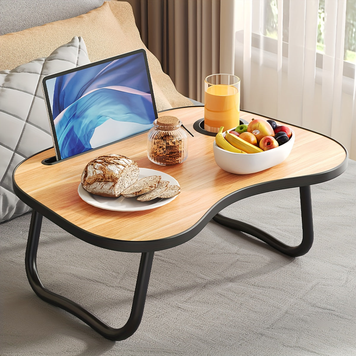 Mesa de cama portátil para portátil con portavasos y bandeja multifuncional - Escritorio de noche plegable con ranura para tarjeta para tableta, diseño robusto en forma de A, ligero y compacto para comer, leer, escribir en