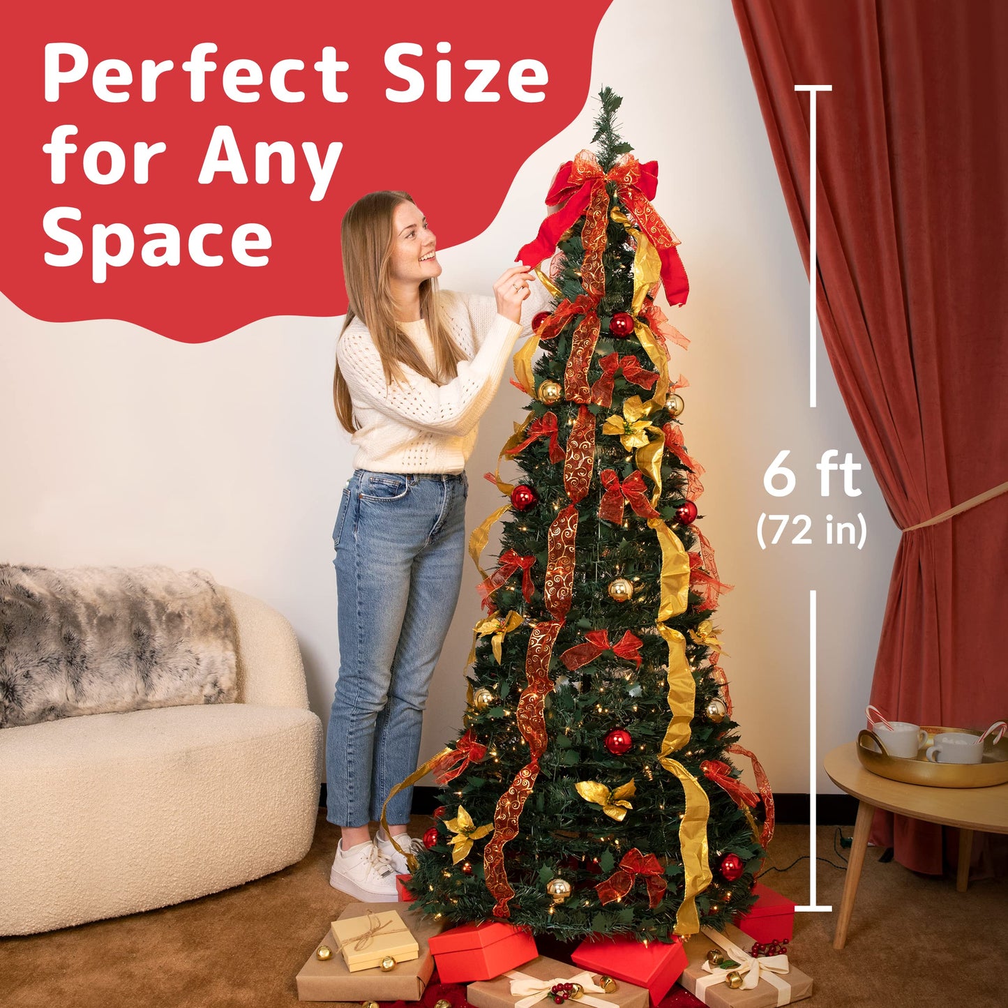 Árbol de Navidad PREXTEX de 1,8 m (6 pies) totalmente decorado, dorado y rojo, plegable, con 350 luces cálidas, lazos, adornos, hojas de acebo y más.