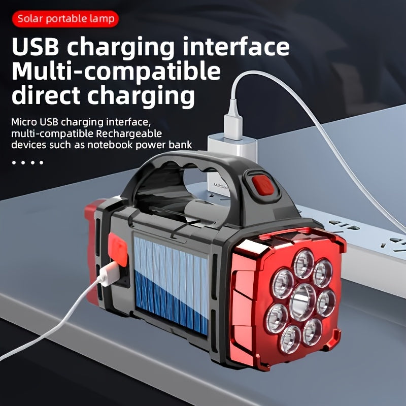 Linterna LED solar recargable de mano de alta potencia para exteriores, ideal para camping, emergencias, caza y trabajo. Incluye protección y carga USB y tipo C.