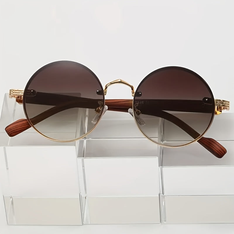 Gafas de moda con montura redonda de metal estilo steampunk retro y patas con vetas de madera, ideales para fiestas deportivas al aire libre, viajes, conducción, pesca y accesorios fotográficos.