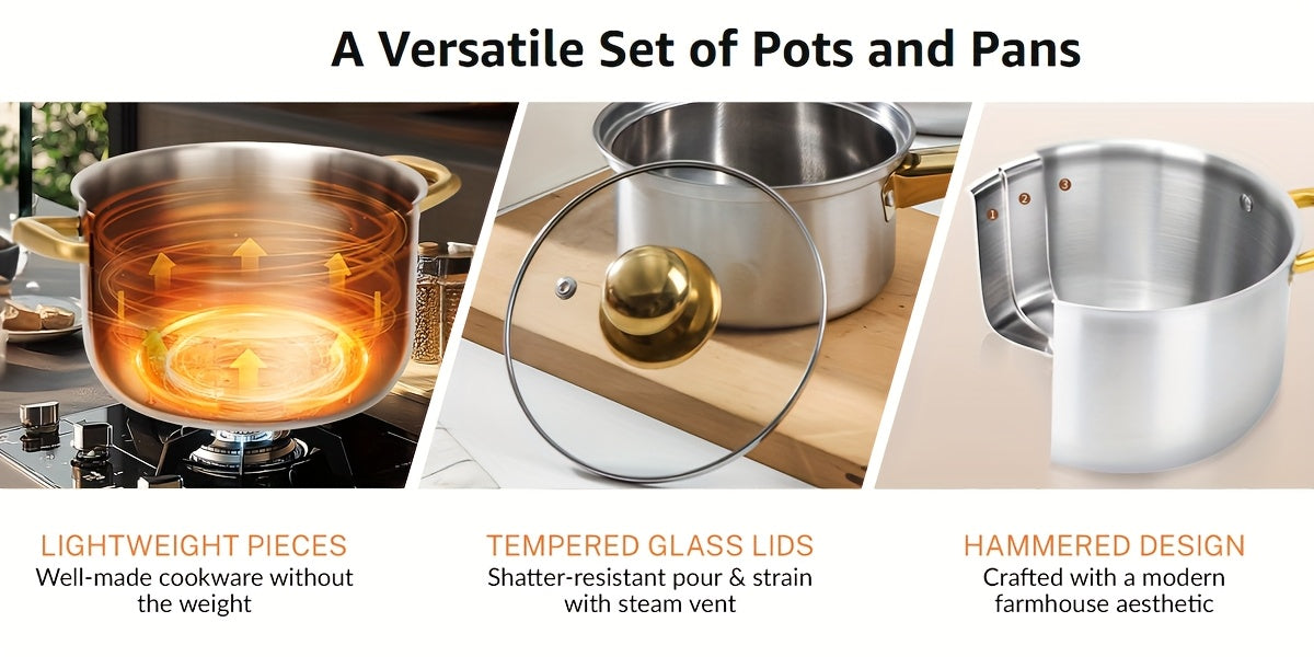 set de 12 ollas de acero inoxidable con tapa de vidrio y mango de acero inoxidable 16/ 18/20/22/24 cm.