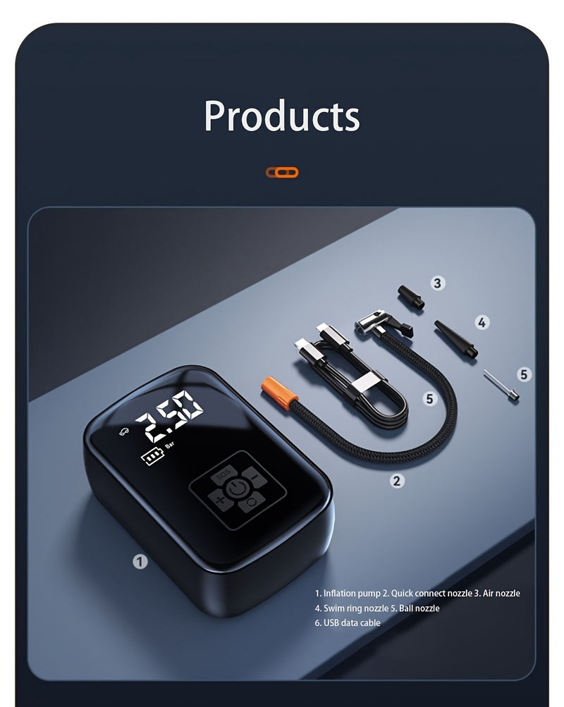 Inflador de neumáticos portátil con pantalla digital, compresor de aire inalámbrico rápido, recargable por USB, adaptador de boquilla multifunción, batería de litio de larga duración para neumáticos y balones de coche