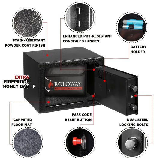 Caja fuerte de acero resistente e ignífuga con bolsa para efectivo - Caja fuerte segura para el hogar con teclado y cerradura, ideal para guardar dinero, documentos y objetos de valor (negra), almacenamiento de objetos de va