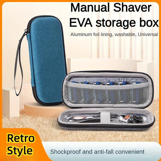 Estuche de viaje portátil para maquinillas de afeitar: Estuche vintage de EVA resistente al agua y a los golpes, ideal para maquinillas de afeitar manuales, color gris claro y azul claro.