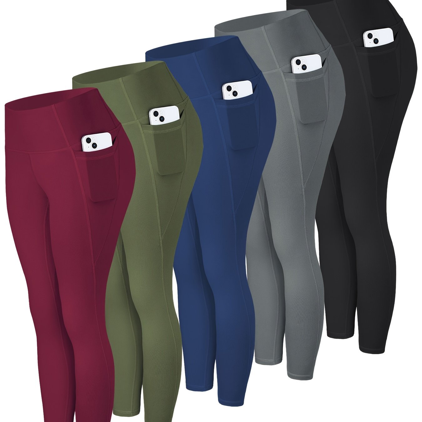5pcs piezas leggins para mujer, con bolsillos laterales para yoga y deportes.
set multicolor negro, azul y verde oliva.
