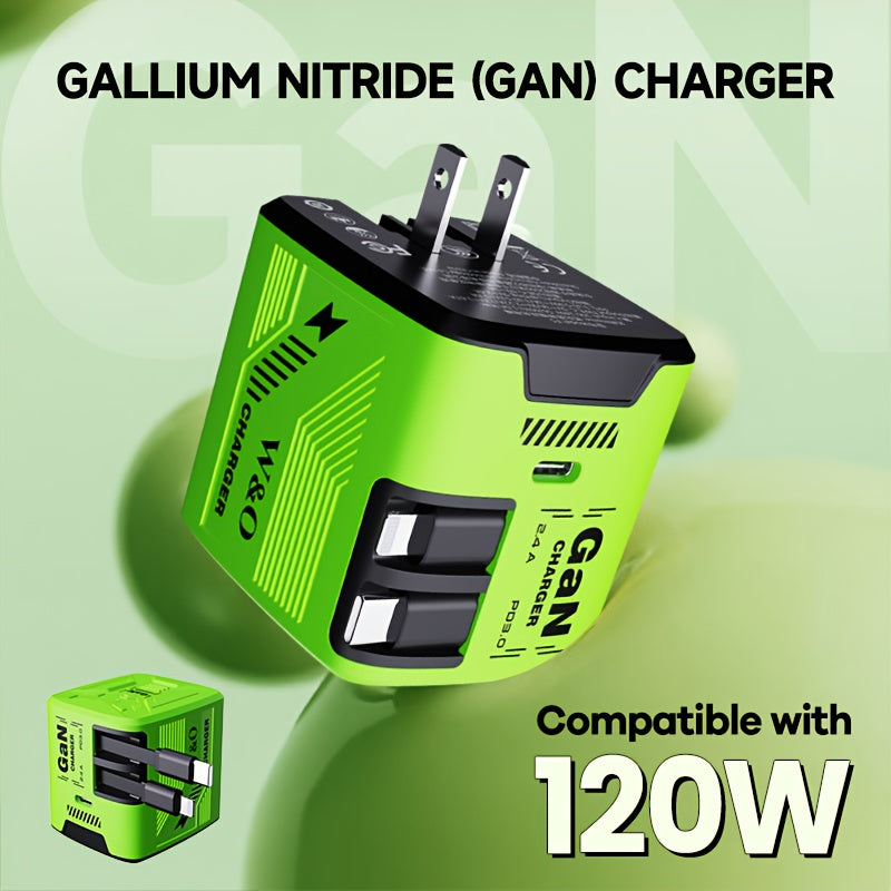 Cargador rápido portátil GaN de 120 W - Cable retráctil doble tipo C + Lightning de 120 cm, puerto de salida tipo C, enchufe plegable, duradero y antienredos - Compatible con iPhone 16/15/14/Plus/Pro Max, S25/S24 - Ideal p