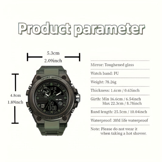 Reloj deportivo LED digital y analógico resistente para hombre (hasta 30 m, cronómetro, pantalla dual, correa de resina negra duradera, caja de aleación de zinc, para aventuras al aire libre).