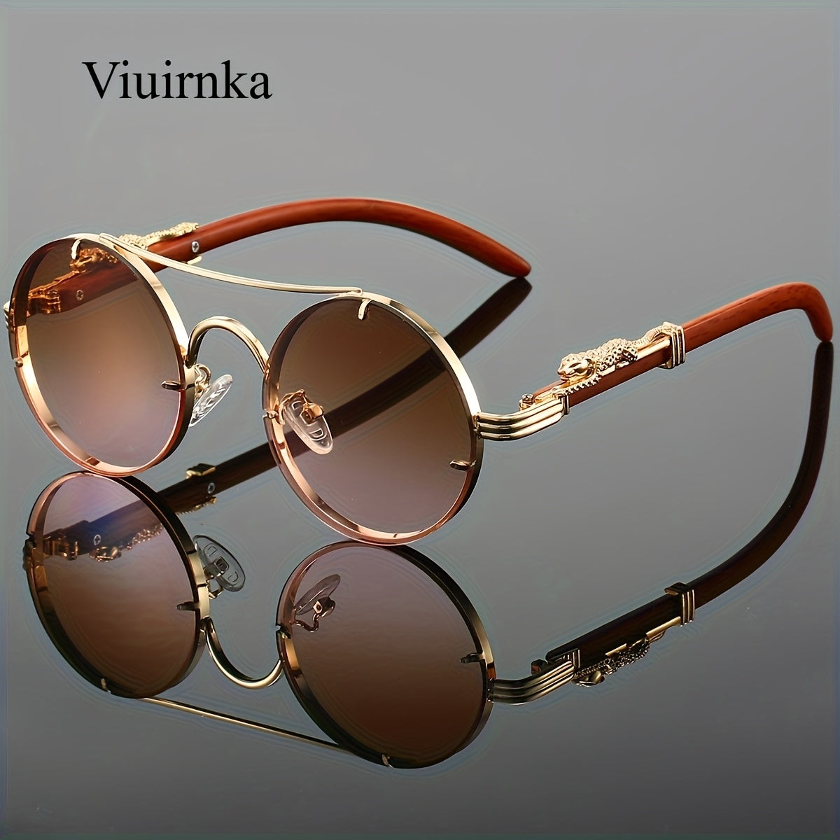 Gafas redondas unisex con doble puente, montura de metal, lentes de policarbonato antirreflejos con degradado, ideales para escalada y deportes, con bisagras con detalle de leopardo, ideales para fotografía callejera y regal