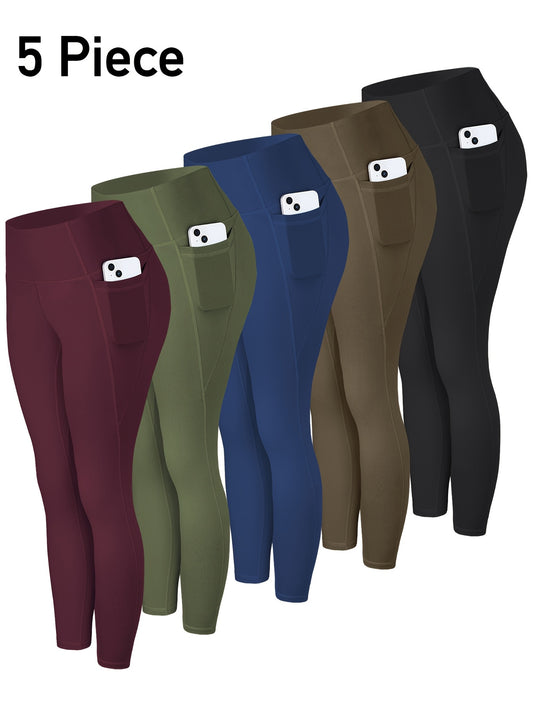 5pcs piezas leggins para mujer, con bolsillos laterales para yoga y deportes.
set multicolor negro, azul y verde oliva.