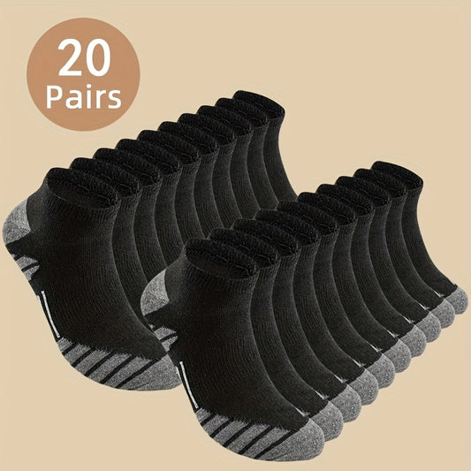 20 pares de calcetines tobilleros para hombre, de corte bajo, absorbentes del sudor, de color liso, poliéster 100%, tejido de punto, para todas las estaciones (verano, otoño e invierno).