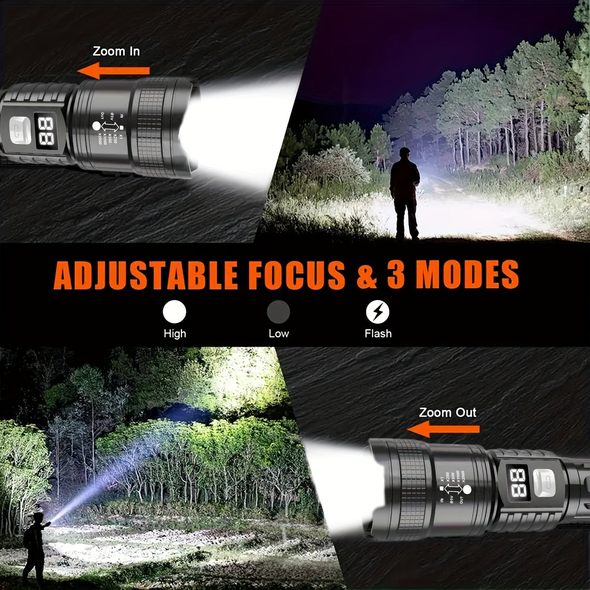 4 linternas LED recargables de alta potencia con foco con zoom y cable USB. Superbrillantes, de largo alcance, luz de trabajo táctica para camping, senderismo, emergencias y viajes. Equipo de senderismo. Linterna robusta. Li