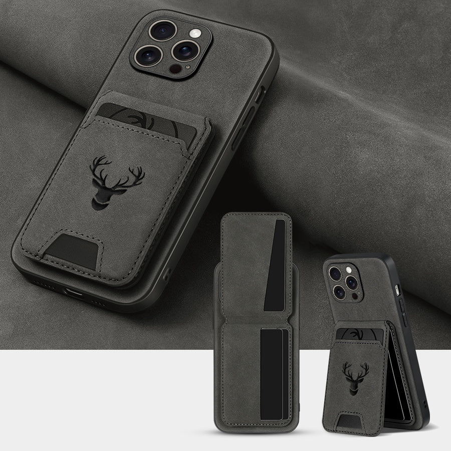 Funda tipo cartera compatible con iPhone 16E/16promax/15plus/14pro/13promax/12/11, piel sintética de lujo, tarjetero y soporte, diseño de alce.