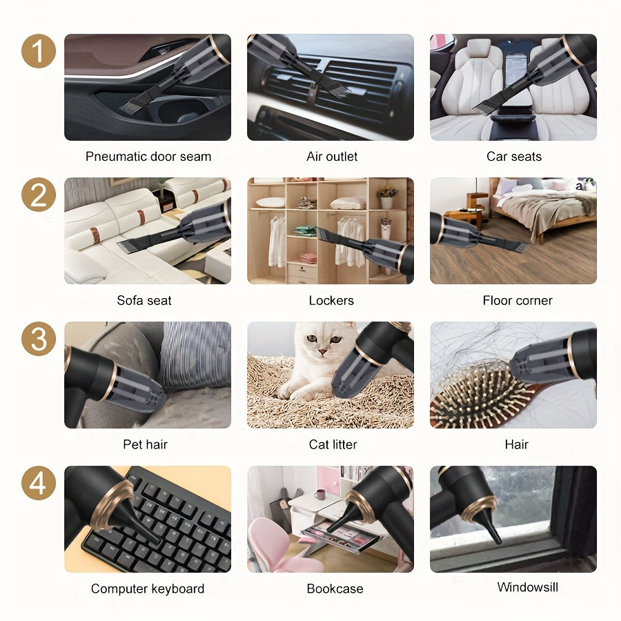 Aspiradora portátil inalámbrica de mano, recargable, batería de 2000 * 2 miliamperios, potencia de succión de 5000 Pa, soplado y succión integrados, ideal para aspiradoras multifuncionales de alta potencia para electrodo