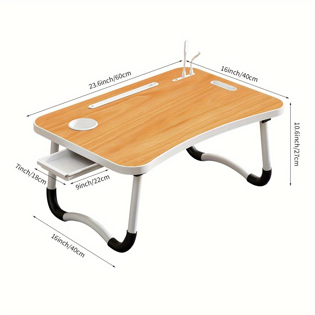 Mesa de cama portátil para portátil con portavasos y bandeja multifuncional - Escritorio de noche plegable con ranura para tarjeta para tableta, diseño robusto en forma de A, ligero y compacto para comer, leer, escribir en