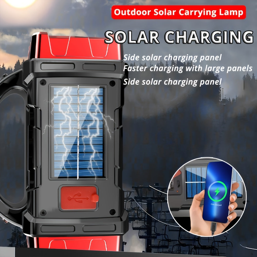Linterna LED solar recargable de mano de alta potencia para exteriores, ideal para camping, emergencias, caza y trabajo. Incluye protección y carga USB y tipo C.