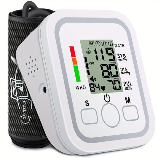 Tensiómetro portátil de brazo todo en uno | Pantalla LCD grande, control con un solo toque, informes de voz, alertas de hipertensión, memoria de 2x99, brazalete ajustable | Imprescindible para el hogar y viajes, ideal para