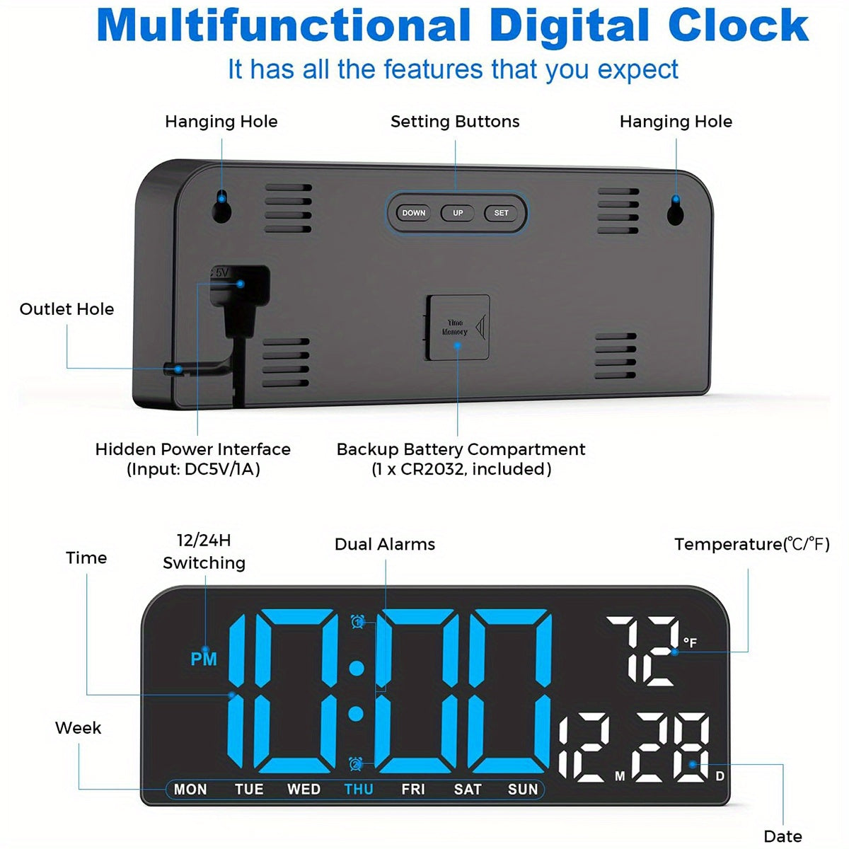 Reloj despertador digital LED extragrande con pantalla extragrande, atenuador automático y control remoto. Reloj moderno grande con temperatura, fecha, semana, temporizador/cuenta regresiva, modo 12/24 h, pantalla LED fácil