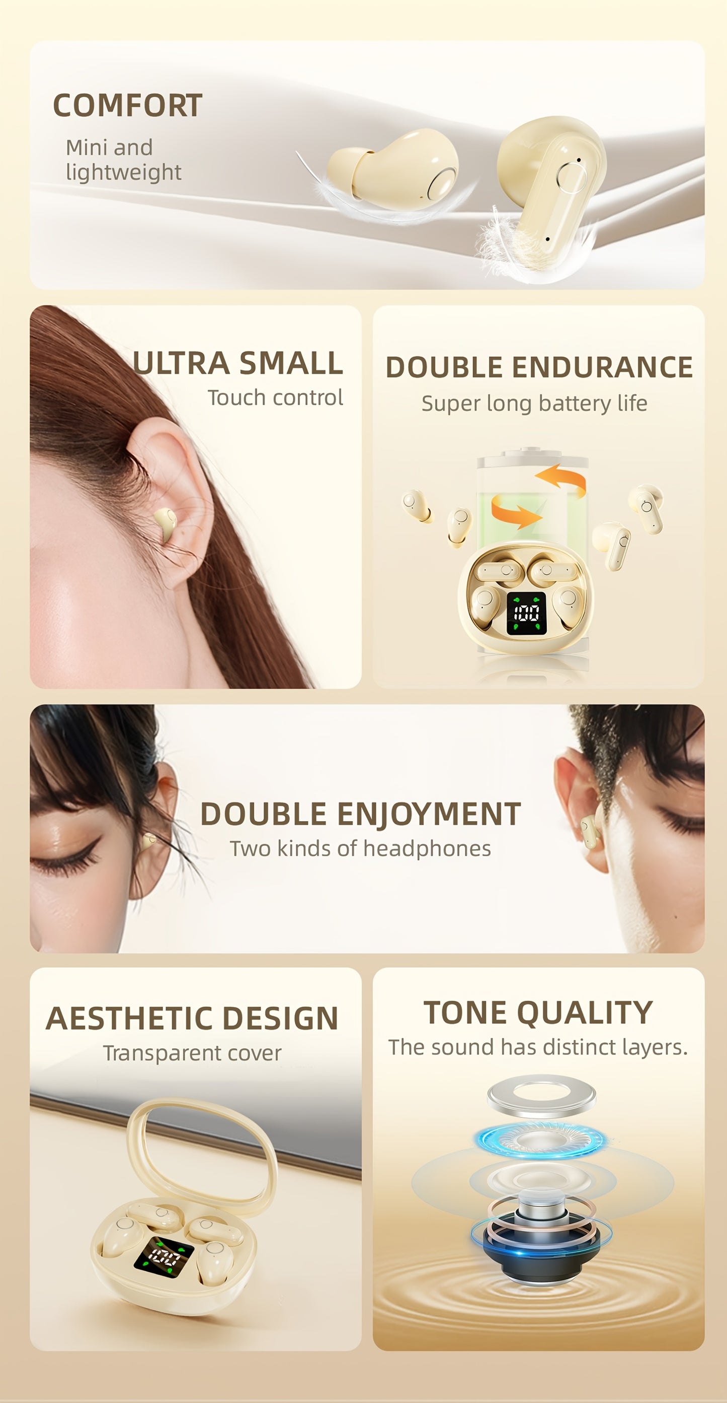 Auriculares inalámbricos deportivos ultracompactos con mango corto, estéreo de graves Hi-Fi, calidad de sonido dual 5.4, reducción de ruido cómoda, pantalla digital de alta definición con micrófono, tiempo de espera ult