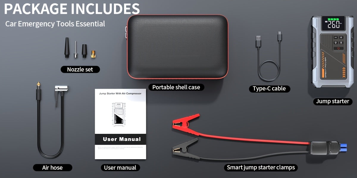 Arrancador de batería portátil inalámbrico de 4000 A con compresor de aire, cargador de batería portátil de 12 V (8,0 L de gas/1,72 galones de diésel), arranque rápido, entrada/salida USB, LED de emergencia, accesorios