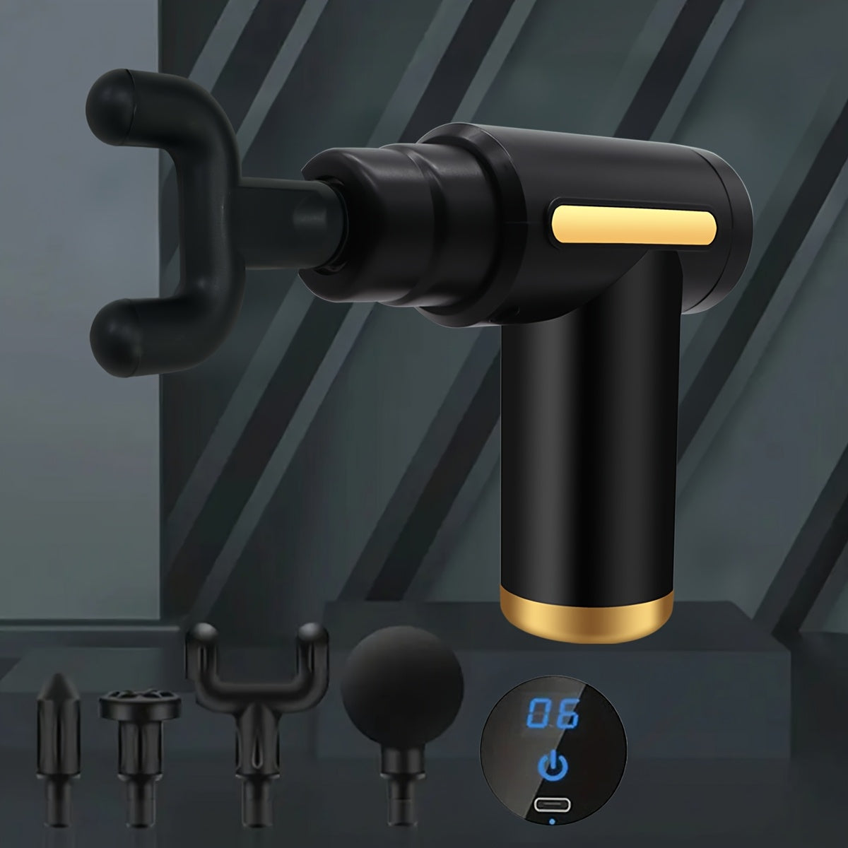 Pistola de masaje fascial eléctrica, masajeador muscular portátil con pantalla táctil LED y 4 cabezales de masaje, mini motor sin escobillas ultrasilencioso de mano para deportes y fitness.