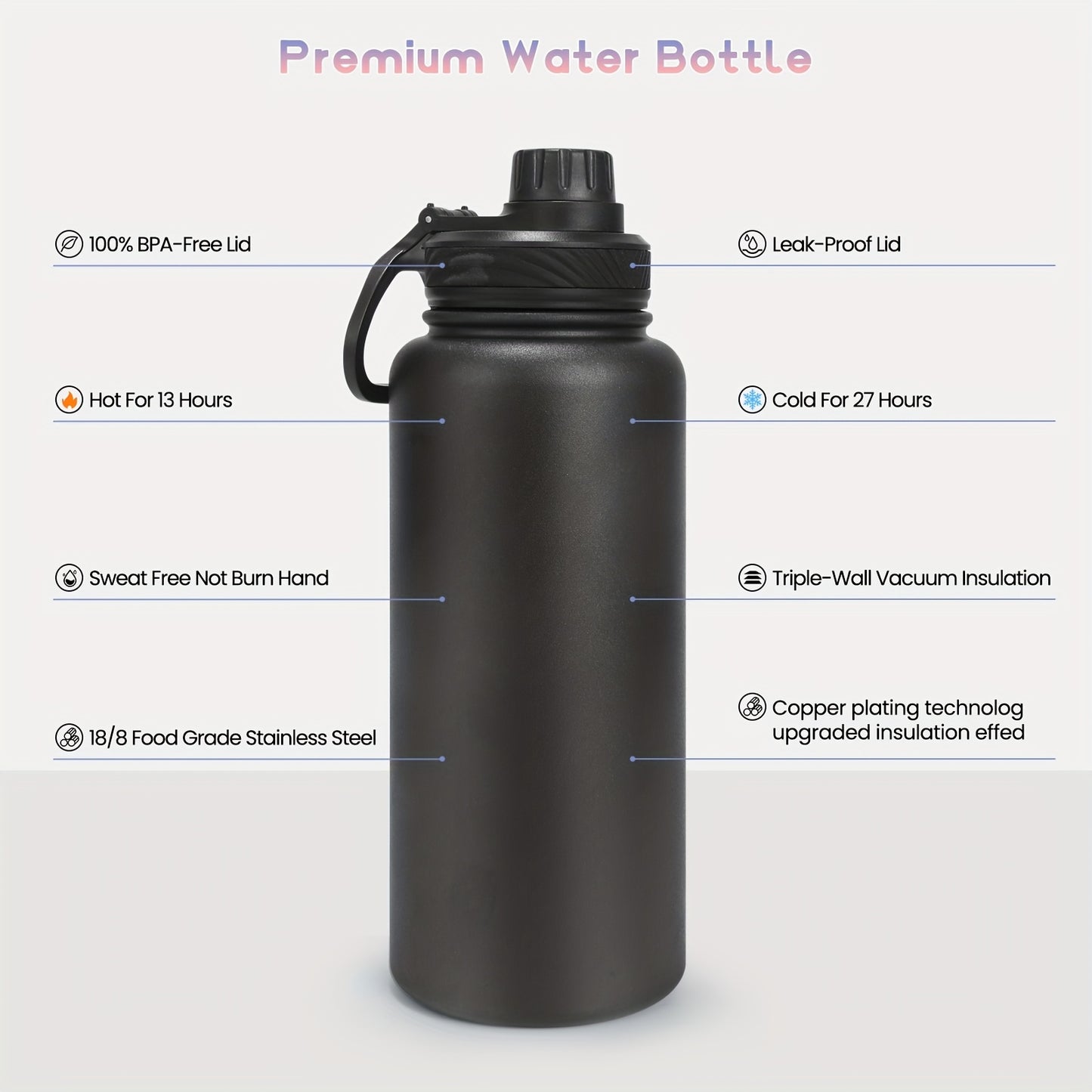 Botella de agua aislada de color sólido de 940 ml, botella deportiva al vacío de gran capacidad de 940 ml con vaso portátil de acero inoxidable a prueba de fugas, para acampar al aire libre, senderismo y conducción.