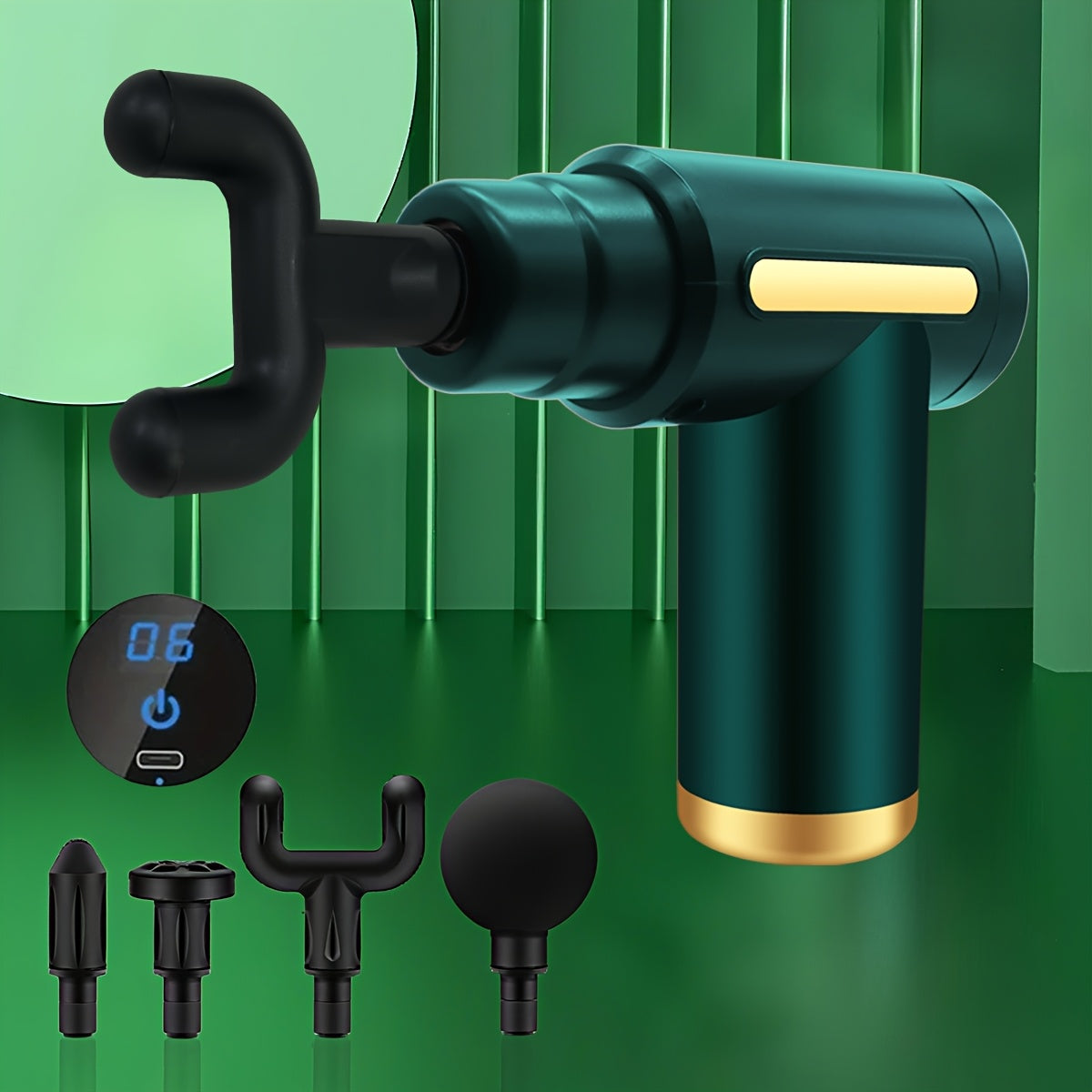 Pistola de masaje fascial eléctrica, masajeador muscular portátil con pantalla táctil LED y 4 cabezales de masaje, mini motor sin escobillas ultrasilencioso de mano para deportes y fitness.