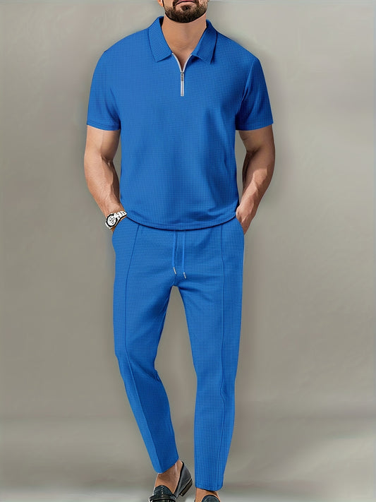 Conjunto de traje de color liso para hombre, con solapa de gofre, manga corta y pantalón largo con cremallera: la mejor opción para ropa informal.