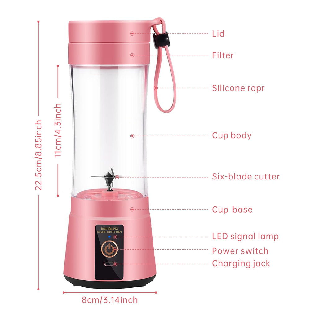 Licuadora portátil recargable de 12.85 oz, mini licuadora de jugos eléctrica USB de 1200 mAH, adecuada para batidos y licuados, jugo, 380 ml, seis cuchillas, perfecta para mezclar, rosa, negro, morado