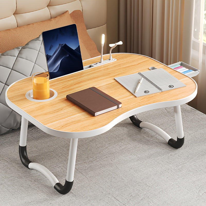 Mesa de cama portátil para portátil con portavasos y bandeja multifuncional - Escritorio de noche plegable con ranura para tarjeta para tableta, diseño robusto en forma de A, ligero y compacto para comer, leer, escribir en