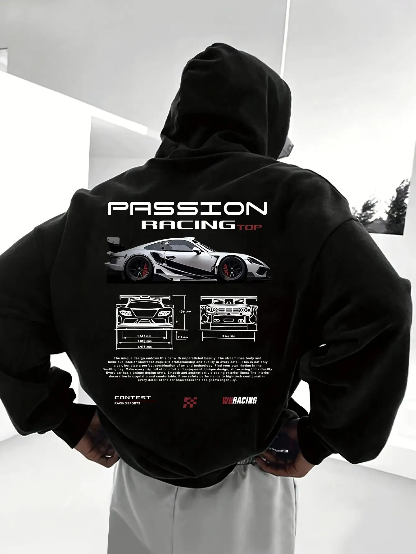 Sudadera polar con capucha y estampado de letras de carreras para hombre, otoño-invierno. Gráfico inspirado en el automovilismo con diseño de levas de cambio y velocímetro. Jersey informal holgado, forro polar cálido, bo