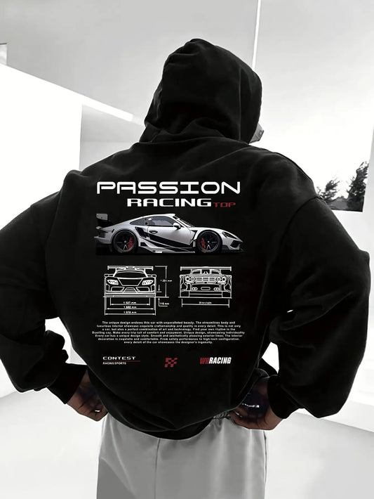 Sudadera polar con capucha y estampado de letras de carreras para hombre, otoño-invierno. Gráfico inspirado en el automovilismo con diseño de levas de cambio y velocímetro. Jersey informal holgado, forro polar cálido, bo