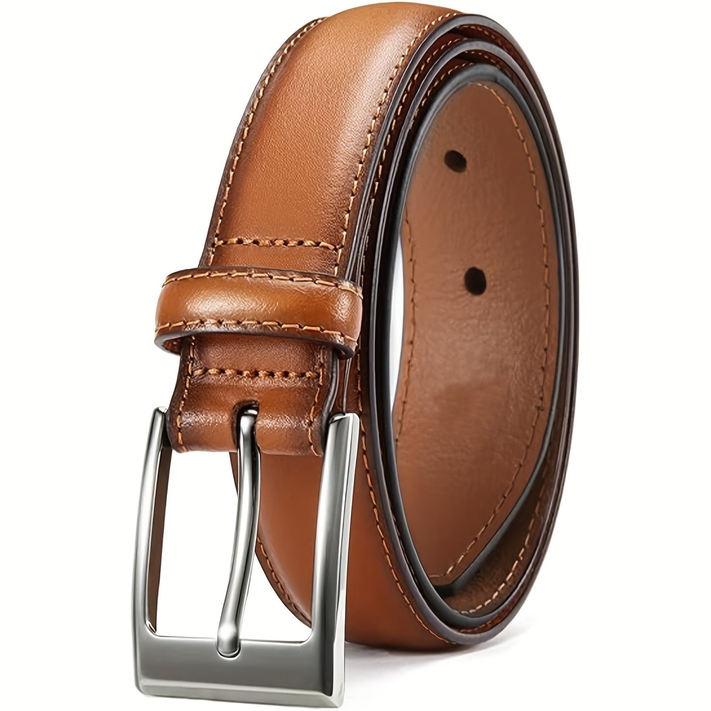 Cinturón de vestir de cuero genuino para hombre, estilo casual, con hebilla de acero inoxidable para negocios y trabajo.