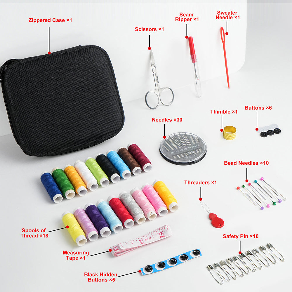 Kit de costura de 56 piezas para reparaciones de emergencia y pequeños arreglos, hilos, agujas y accesorios. Mini kit de costura de viaje básico, regalo para abuelas, mamás, amigas y adultos principiantes. Suministros de c