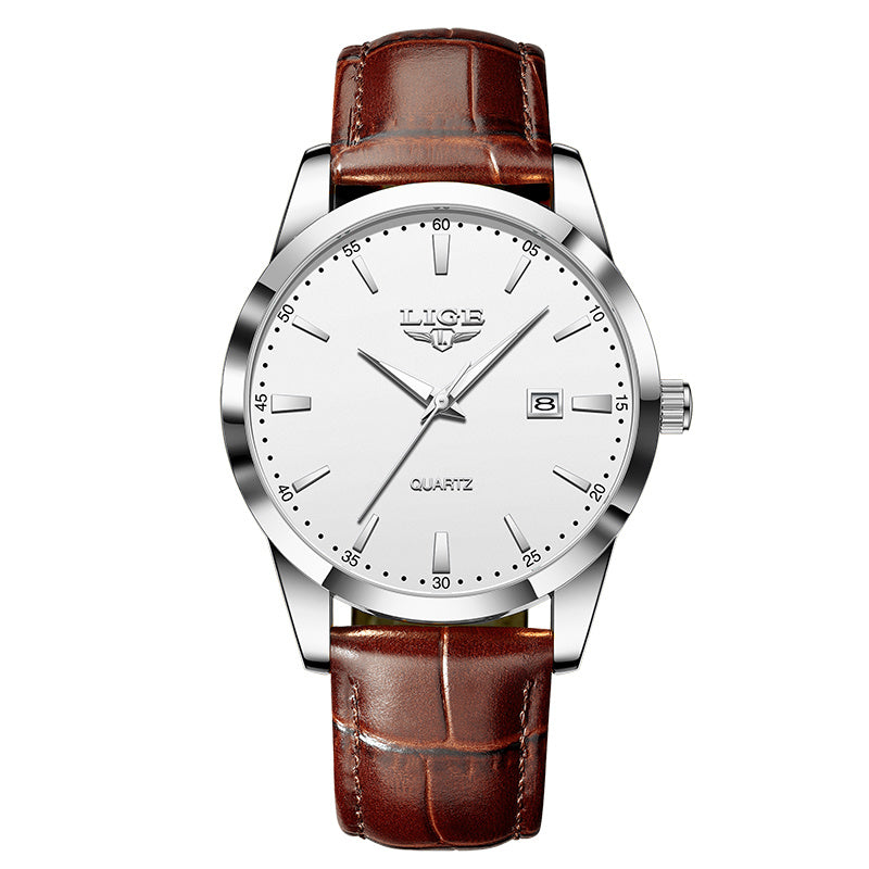 Hermoso reloj de cuarzo para hombre con correa de piel sintética. Ideal para negocio y ocasiones formales.