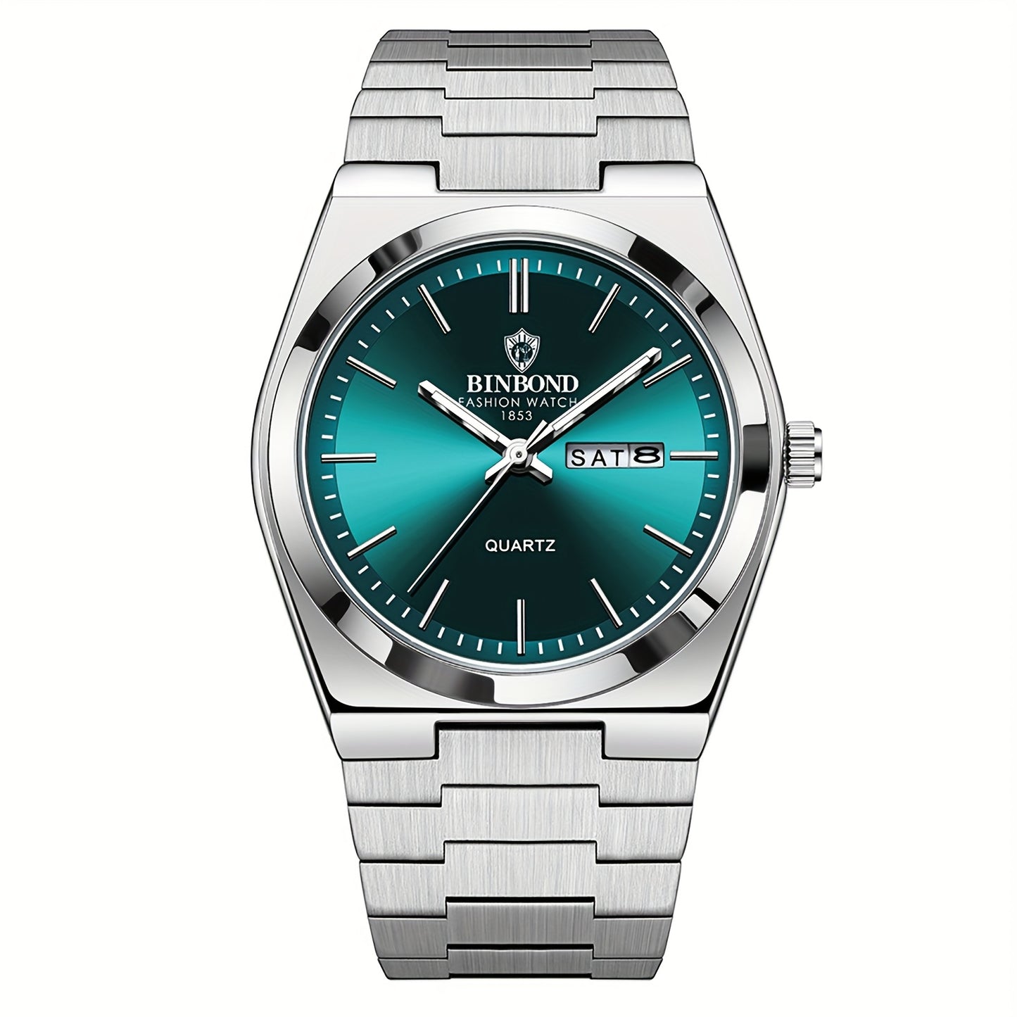 Reloj de acero inoxidable de lujo para hombre con esfera luminosa verde turquesa, indicador de semana/fecha/día/segundero, movimiento de cuarzo, correa sólida - Reloj de vestir profesional para negocios, viajes, buceo (-) -