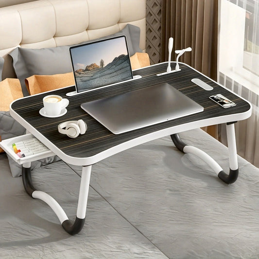 Mesa de cama portátil para portátil con portavasos y bandeja multifuncional - Escritorio de noche plegable con ranura para tarjeta para tableta, diseño robusto en forma de A, ligero y compacto para comer, leer, escribir en