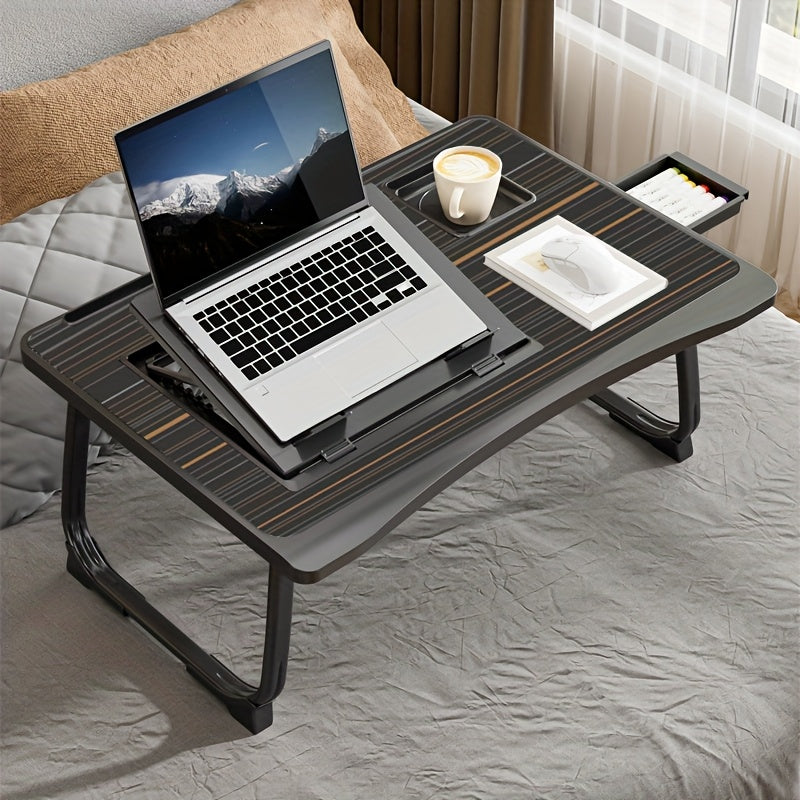 Mesa de cama portátil para portátil con portavasos y bandeja multifuncional - Escritorio de noche plegable con ranura para tarjeta para tableta, diseño robusto en forma de A, ligero y compacto para comer, leer, escribir en