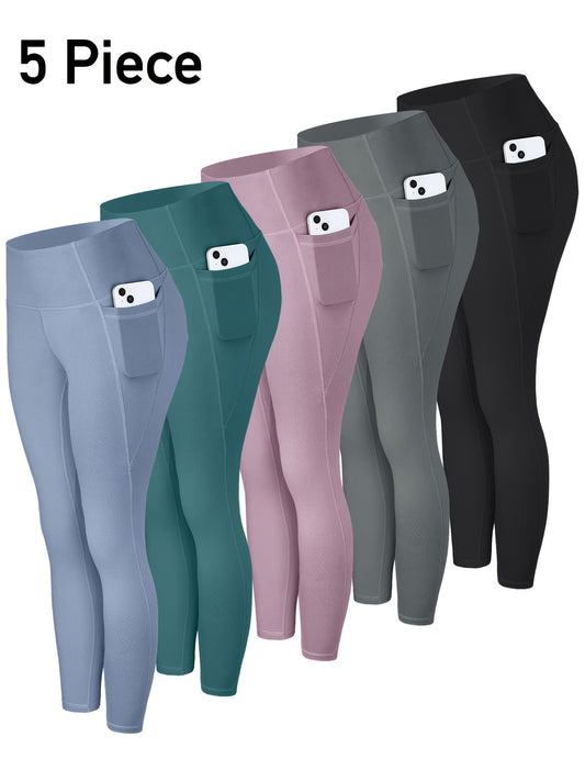 5pcs piezas leggins para mujer, con bolsillos laterales para yoga y deportes.
set multicolor negro, azul y verde oliva.